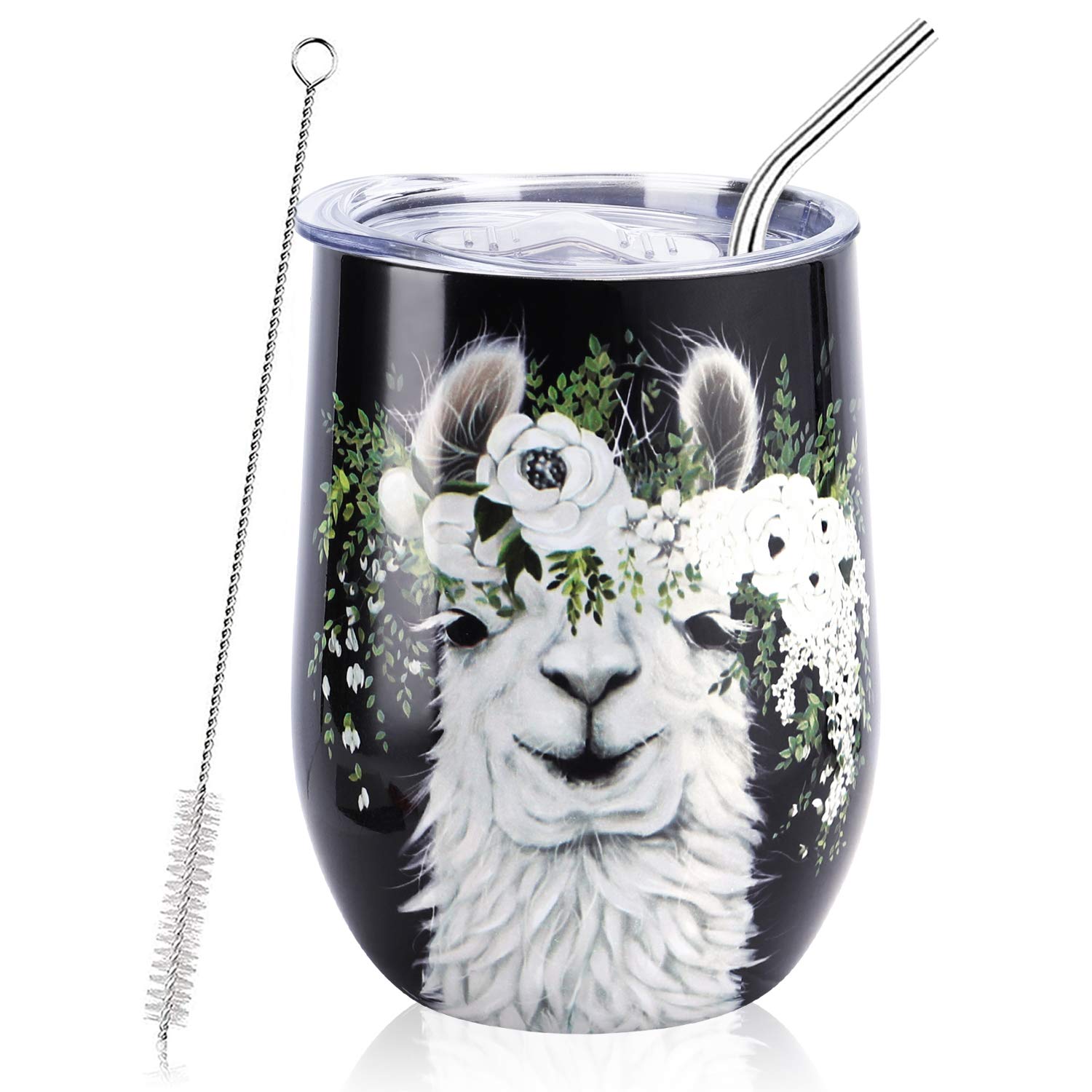 NymphFable 12oz Alpaca Llama Travel Mug Insulated Coffee Mug Wine Tumbler with Lid and Straw Stainless Steel Double Wall
