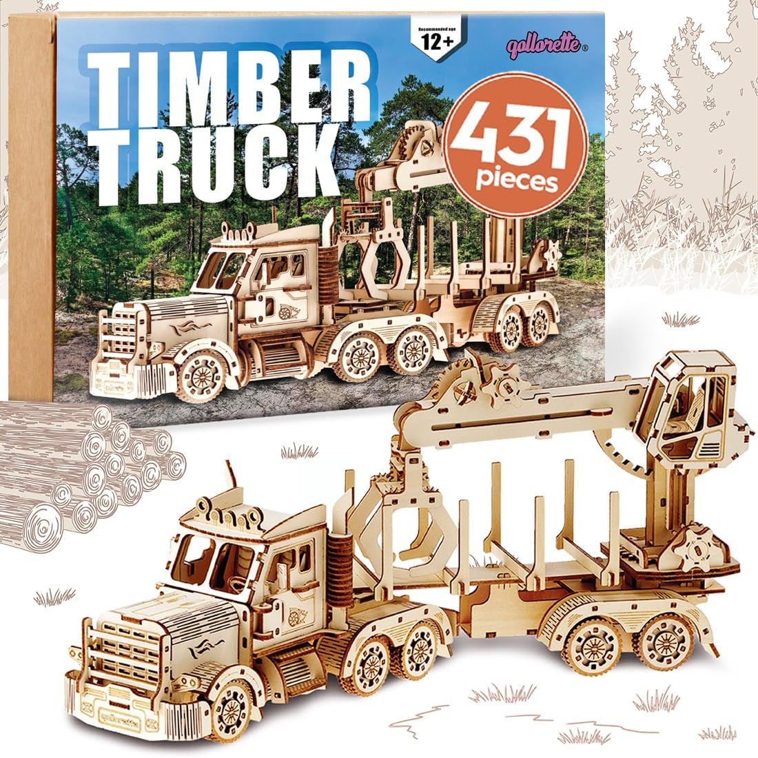 qollorette 3D Wooden Puzzle Timber Truck Model, DIY Wood Craft Games, Brain Teaser Construction Toys - Engineering Wooden Model to Build, Wooden Model Building Set