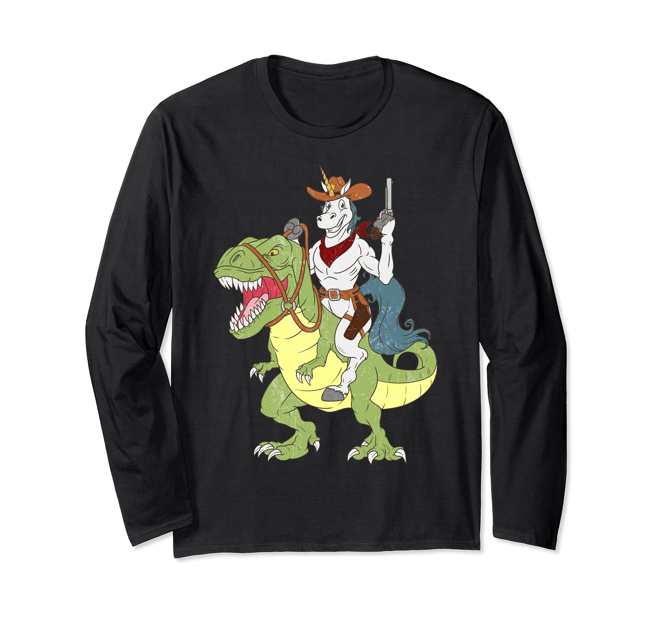 Unicorn Riding Dinosaur T-Rex Vintage Cowboy Sheriff Deputy Long Sleeve T-Shirt