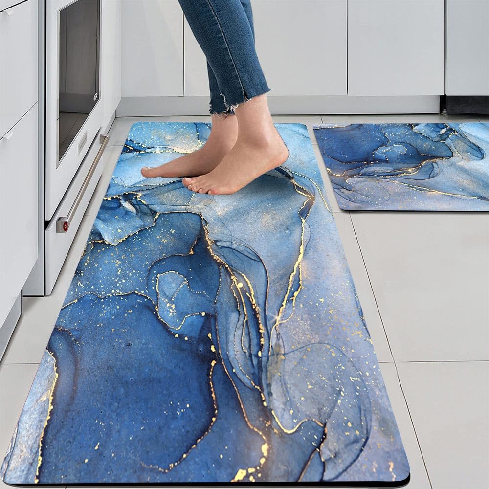 Photo 1 of Mrcrypos Set of 2 Blue and Gold Marble Kitchen Mats PVC Leather Waterproof Non Slip Cushioned Standing Mats Anti Fatigue Kitchen Comfort Mats for Floor,Sink,Laundry,Office 17"x29"+17"x47"