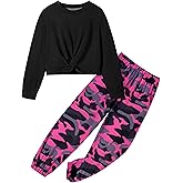 NECIOUS Girls Fall Outfits 2 Piece Fashion Twist Front Pullover Sweatshirt and Camo Pants Clothing Sets 5-14Y