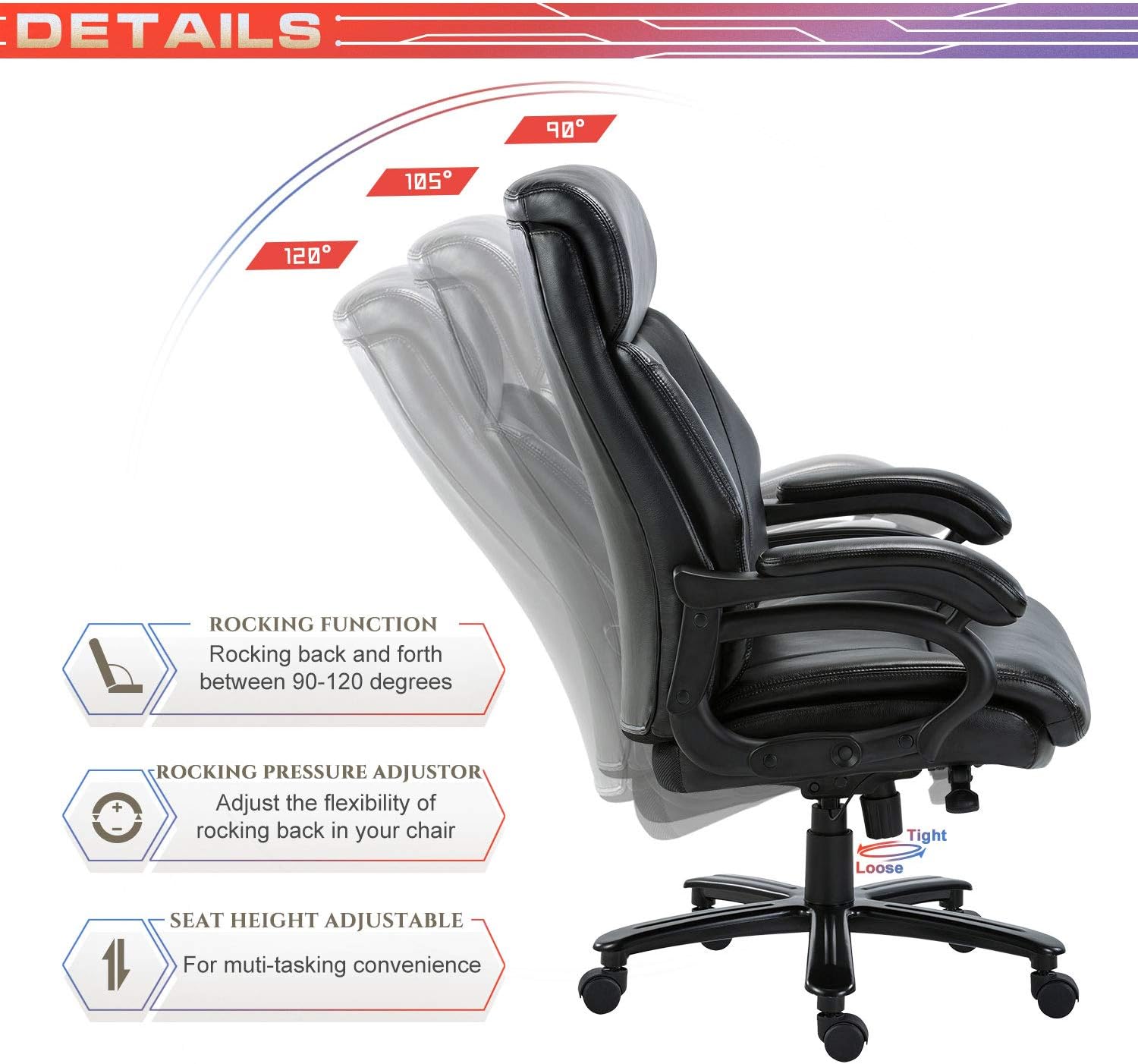 STARSPACE High Back Big & Tall 400lb Bonded Leather Office Chair Large Executive Desk Computer Swivel Chair - Heavy Duty Metal Base, Adjustable Tilt Angle, Ergonomic Design for Lumbar Support: Office Products
