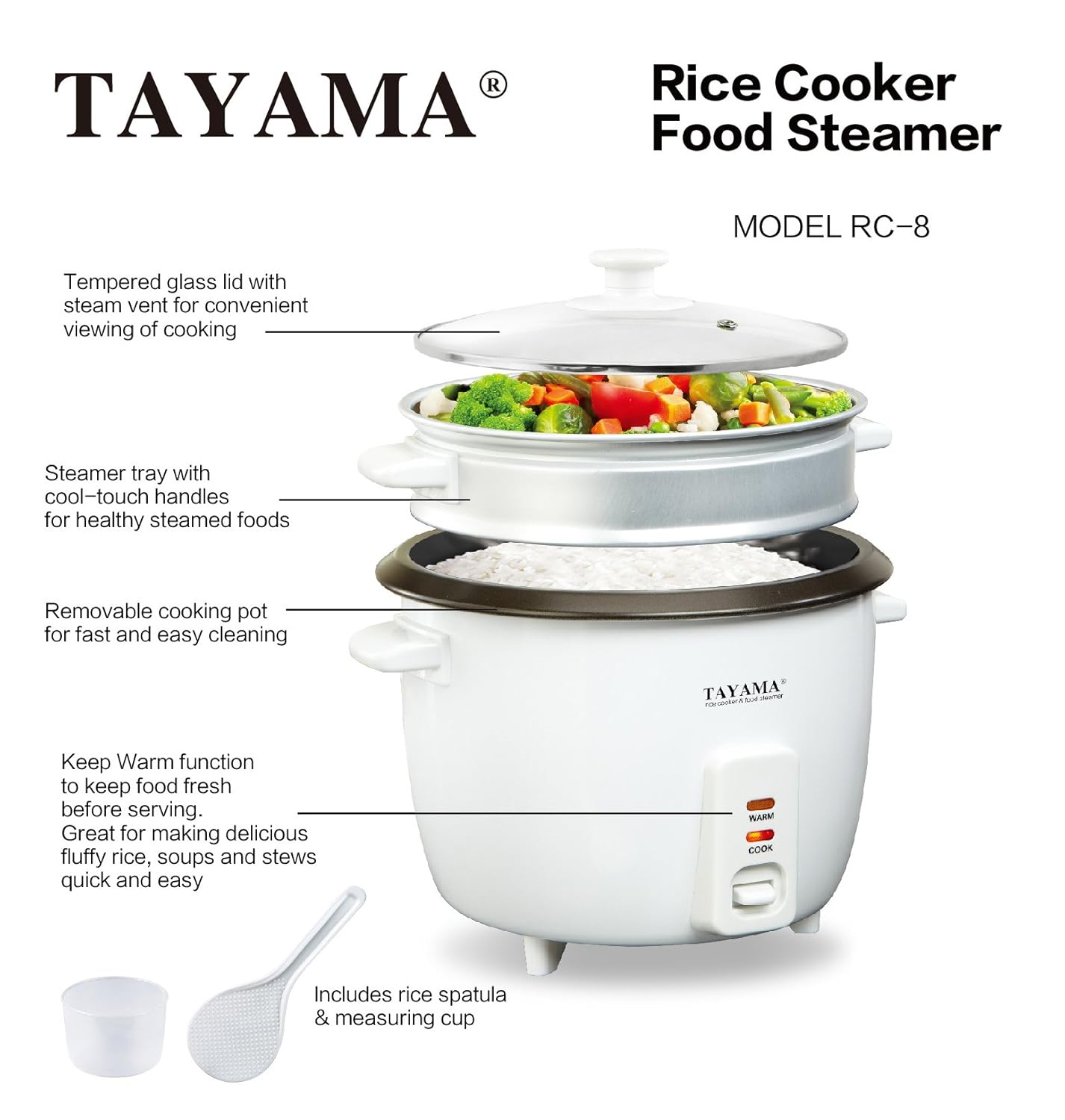 Tayama RC8 Rice Cooker with 8 Cup Steam Tray White or Kitchen & Dining