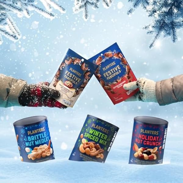 PLANTERS HOLIDAY BRITTLE NUT MEDLEY TRAIL MIX SNACK WITH HONEY PEANUTS, YOGURT RAISINS, PEANUT BRITTLE, PRETZELS & CASHEWS, HOLIDAY SNACK, PARTY NUT MIX, 1 LB. CANISTER