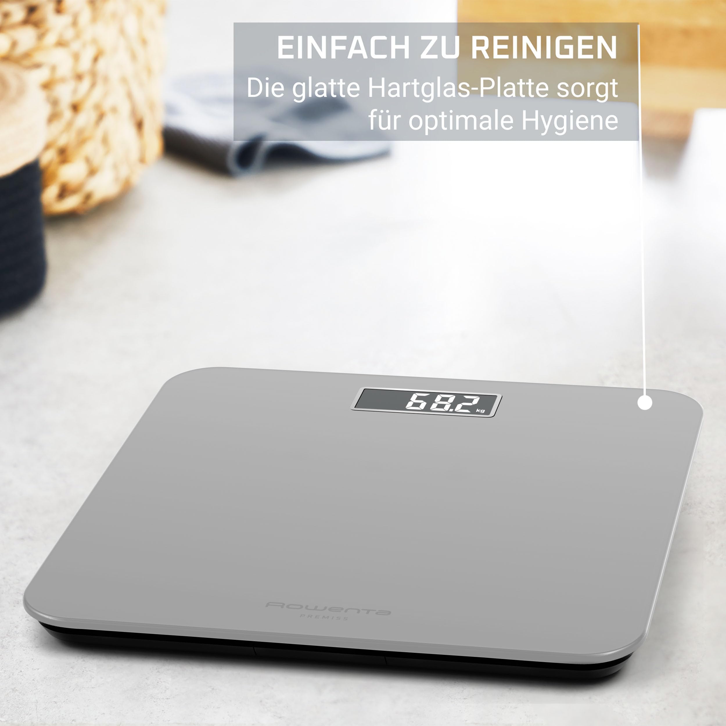 Rowenta Premiss 2.0 Personenwaage, einfach abzulesendes LCD-Display, bis 160 kg, nur 2,2 cm hoch, 30x30 cm, Silber, BS1801V0 3
