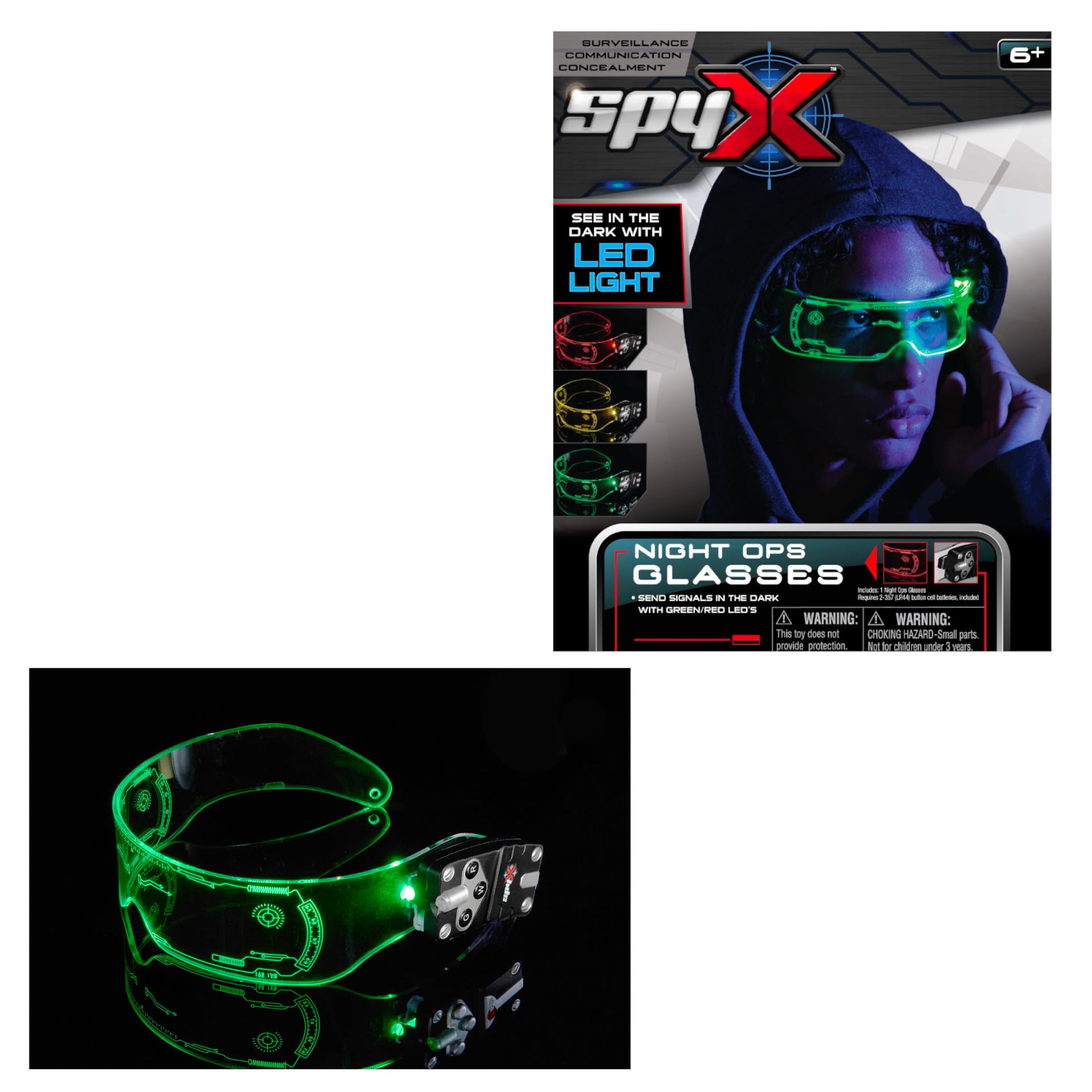 SpyX Night Ops Glasses - Hi-Tech Spy Toy Gadget for Spy Kids Night Mission. Dual LED Lights: White Spotlight & 3-Color Silent Signal Lights. Mission Graphics Etched Into Surface