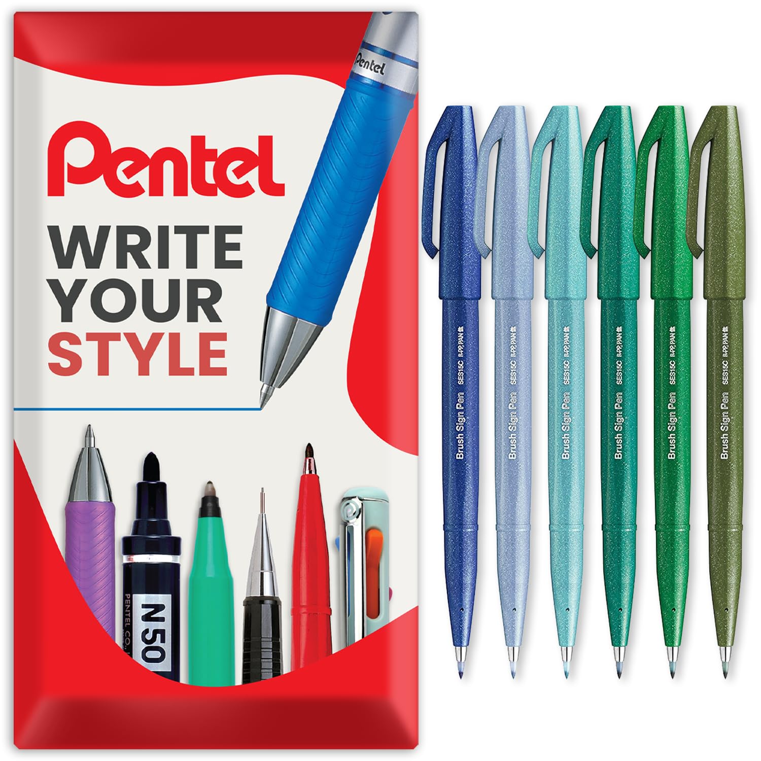 Pentel Brush Sign Pen SES15C - Brush Nib - Fibre Tip - Cool Tones - Set of 6 - In Envelope Gift Packaging