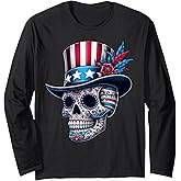 Independence Day Usa Patriot Skull 4th Of July Sugar Skull Long Sleeve T-Shirt