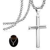 Idemana 925 Sterling Silver Cross Necklace for Men Women 4mm Stainless Steel Strong Durable Wheat Chain 18K White Gold Plated Beveled Edge Cross Pendant Necklace Jewelry 16-28 Inches