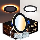 CycevSun 12 Pack Black Recessed Lights 6 Inch with Night Light, Canless Ultra Thin Wafer Downlight Indoor Outdoor Exterior Soffit, Dimmable & 5 Color Selectable, 12W, ETL Listed