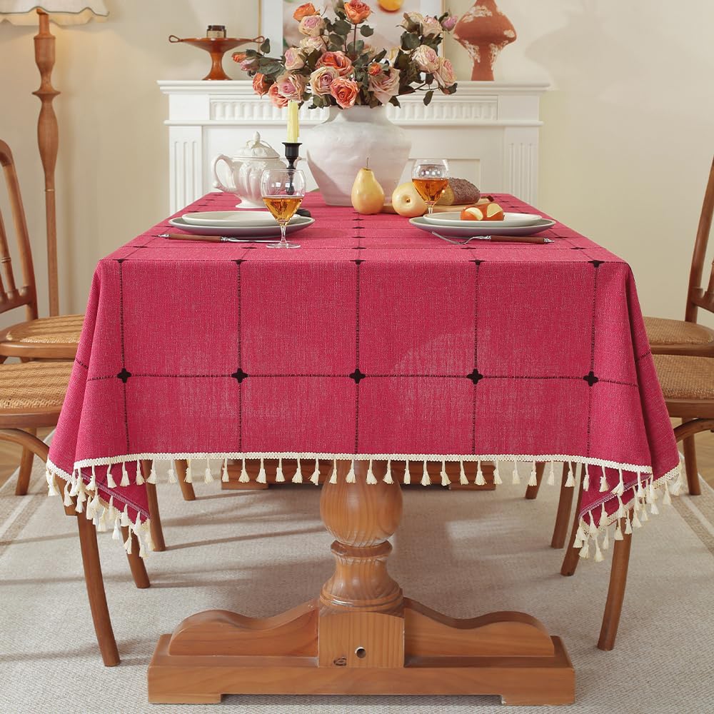 Pahajim Table cloths Rectangular Washable Cotton Linen Tassel Table cloth Gingham Wrinkle Free Table Cover for Outdoor, Kitchen, Dining, Tabletop Decoration(Red,55 x 79 inch)