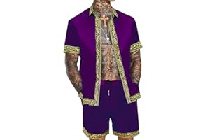 OYOZONE Men's Hawaiian Shirt and Short Set 2 Piece Outfits Luxury Printed Casual Button Down Short Sleeve Satin Shirt Suits