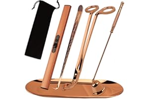 KOAKOMI 5 in 1 Candle Accessory Set, Candle Wick Trimmer Cutter, Candle Snuffer & Candle Wick Dipper,USB Rechargeable Lighter, Storage Tray Plate for Candle Lover Mom Gift, Candle Care Kit (Rose Golden)