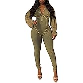 YAWJET Womens Distressed Long Sleeve Jumpsuits Sexy Ribbed Patchwork Bodycon Long Rompers Casual One Piece Outfits