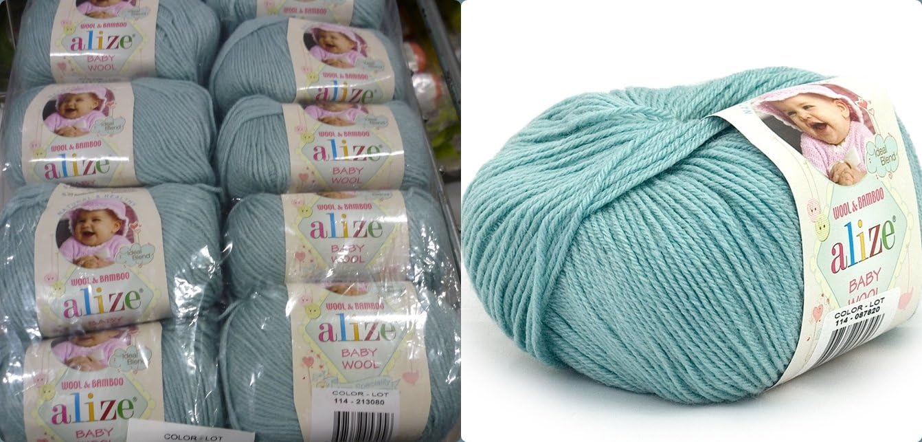 40% Acrylic 40% Wool 20% Bamboo Yarn for Baby Blanket Alize Baby Wool Thread Crochet Hand Knitting Turkish Yarn Craft Art Lot of 8 skeins 400gr 1536 yds Color Light Aqua 114