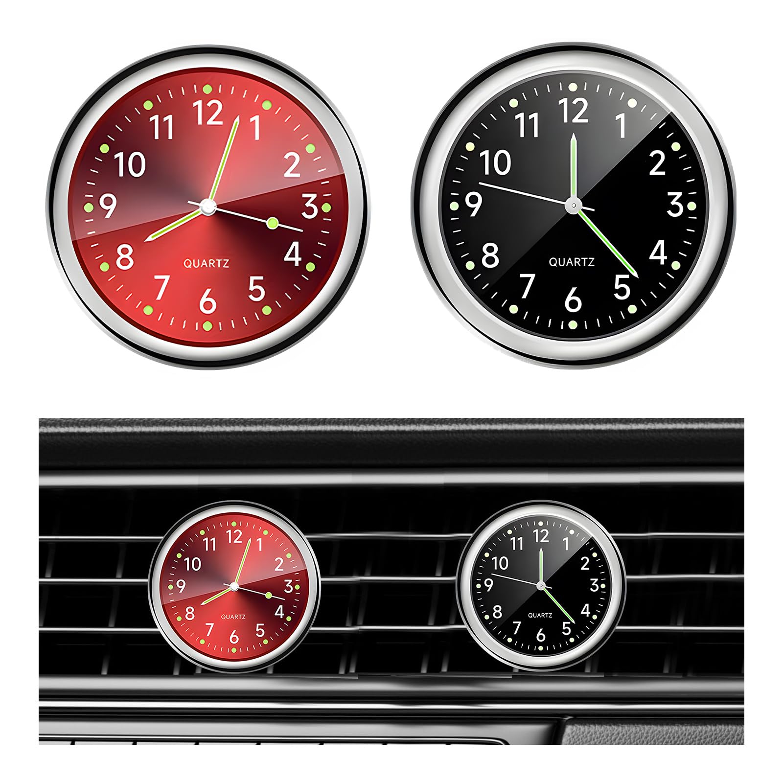 Photo 1 of Dickno 2 PCS Stick on Dashboard Car Clock, Mini Tiny Analog Quartz Luminous Air Vent Clocks, Self Adhesive Automotive Vent Clocks Watch, Vehicle Clock for Dashboard Decoration (Red+Black)