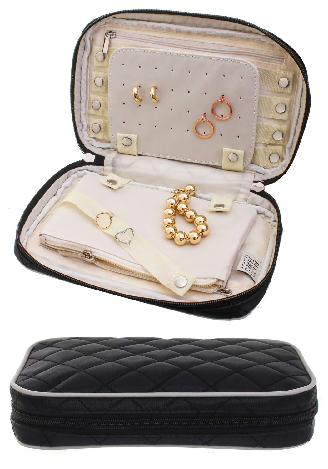 Ellis James Designs Travel Jewellery Organiser Case - Elegant Bag with Quilted Exterior and Padded for Protection - Keeps Your Earrings, Necklaces and Other Treasures Neat and Secure - Black