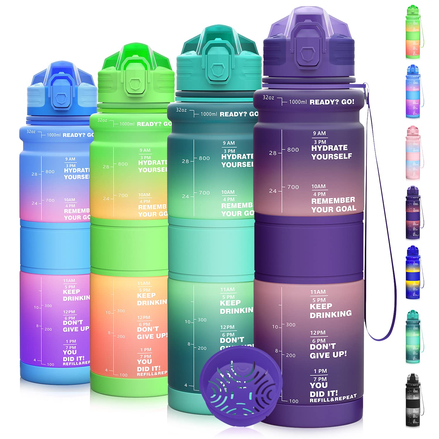 Coolfel 500ml/1l Water Bottles, Motivational Water Bottle with Time Markings, BPA Free Leakproof Sports Drinks Bottle Time Marked Daily for Gym Running Fitness