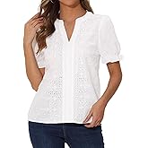 Allegra K Eyelet Top for Women's V Neck Summer Short Puff Sleeve Casual Cotton Blouse Shirts