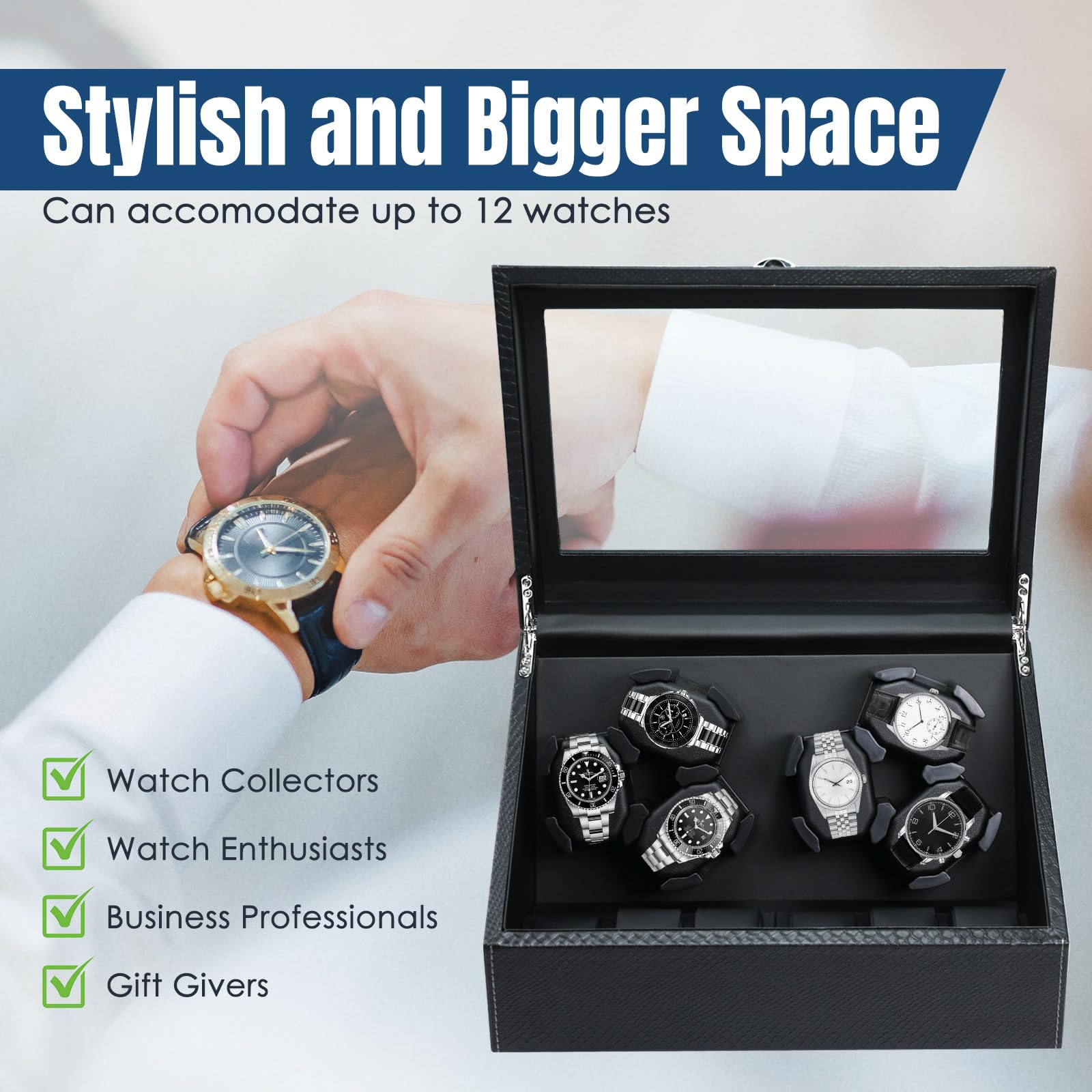 Watch Winder for Automatic Watches, Automatic Watches with Watches Storages, Automatic Watch Winder with Blue Backlight and Foam Pad, 4 Rotation Modes Rotating Watch Box