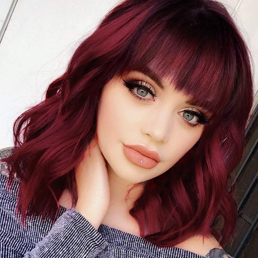 Colorfulpanda Short Bob Wigs for Women Wine Red Wavy Curly Wig with Bangs Natural Synthetic Heat Resistant Hair Wig Cosplay or Daily Use 14 Inch โ image 1