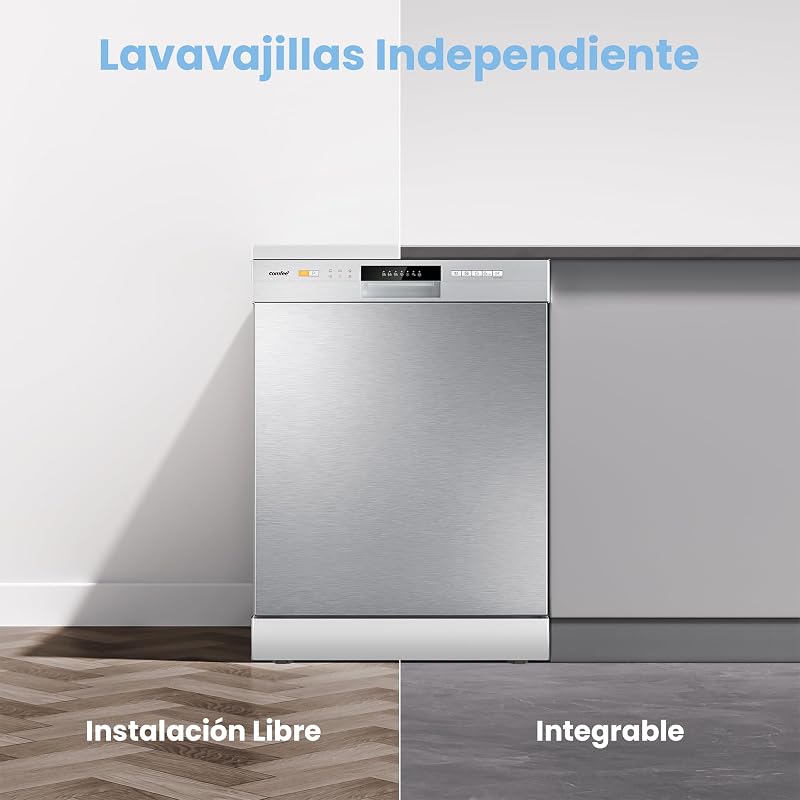COMFEE' CDWPF1201PS Máquina de lavar louça de instalação gratuita, 60 cm, 12 configurações de lugar, início atrasado, função de meia carga, cestas flexíveis, aço inoxidável, 49 dB, controle de botão