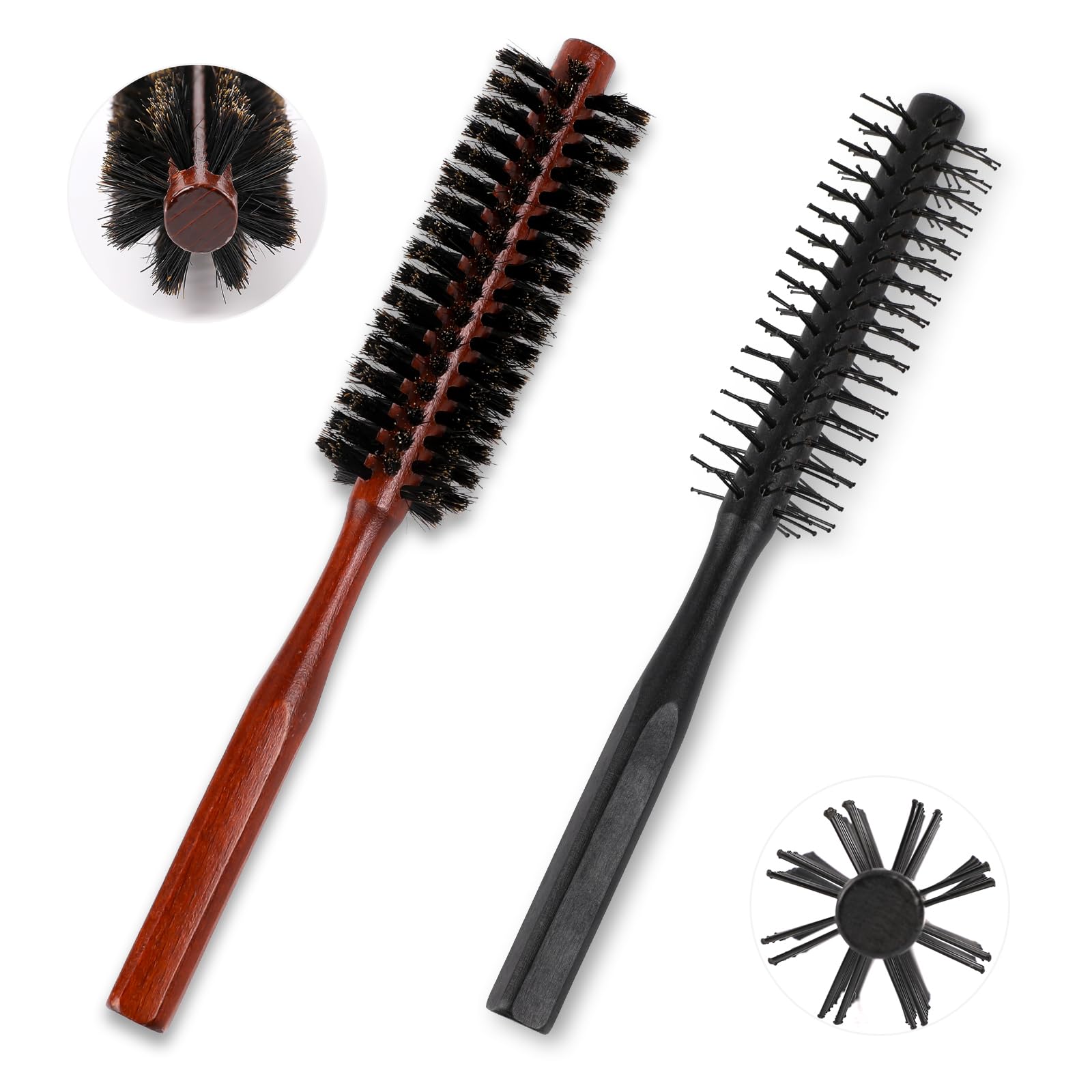 Photo 1 of Boar Bristle and Nylon Curling Brush, Travel Hair Brush for Blow Drying, with Wood Handle - Roller Hairbrush for Women, Beard Brush for Men (Black & Red)