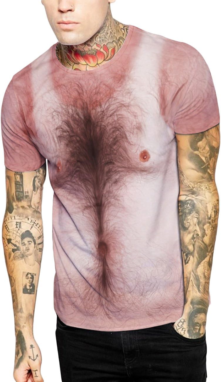 Mens Cool Casual Hairy Chest 3D Printed Short Sleeve Crew Neck Loose T-Shirts Tees