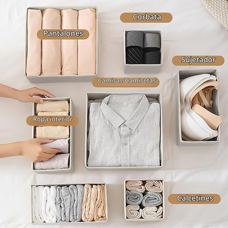 Organizadores de Cajones, Separadores Plegables, Organizador de Armario para Ropa Interior de Dormitorio, Organizador de Camisas, Calcetines y Ropa (12 psc grey) — foto 5 de 7
