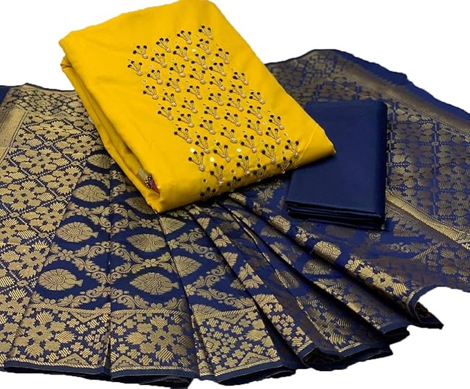 Designer Collection Soft Slub Cotton Khatli Handwork With Moti And Sequance Finishing Work With Banarasi jacquard Dupatta for Girls And Women (Blue Wish)