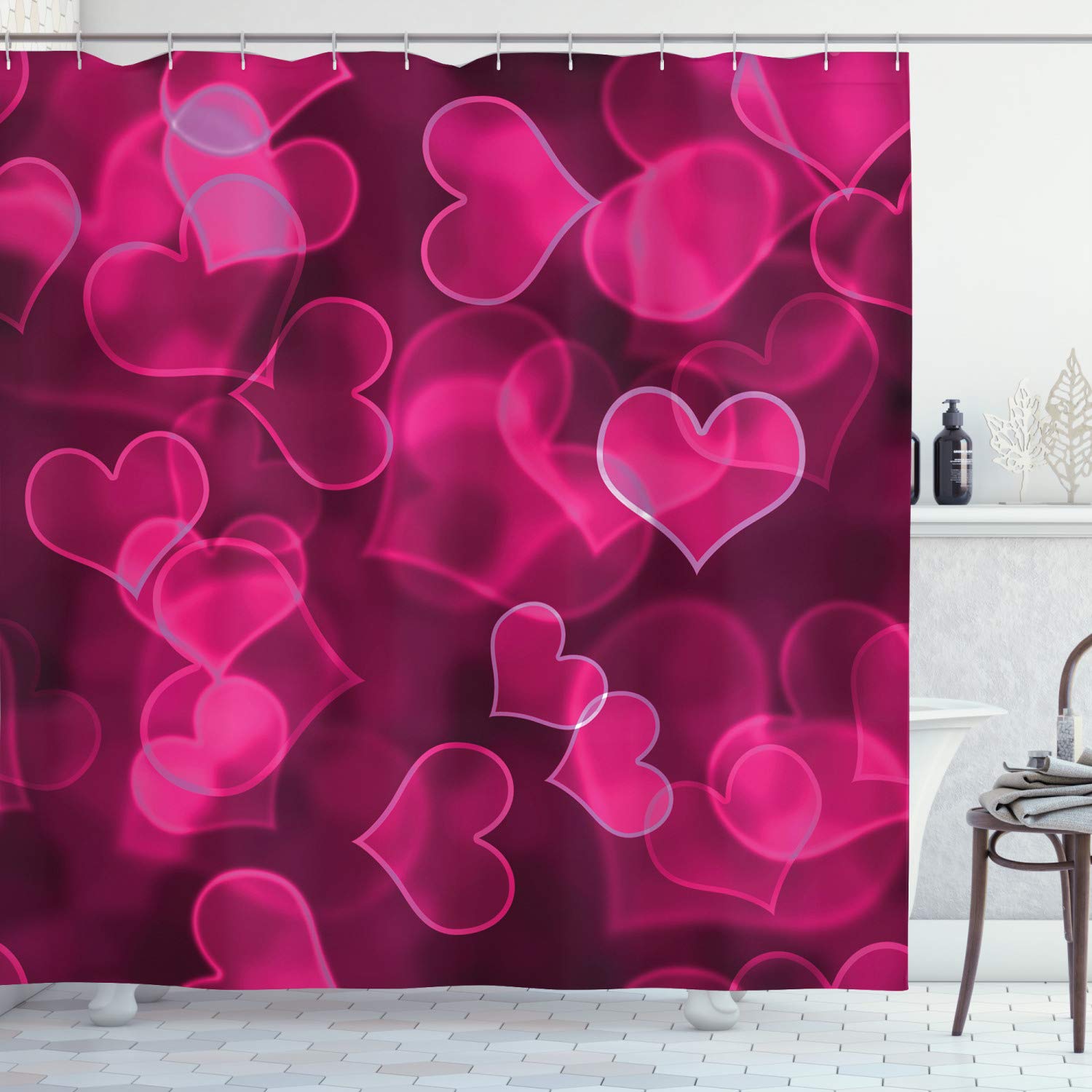 ABAKUHAUS Hot Pink Shower Curtain, Heart Shapes on Blurry Background Romantic Valentine's Day Design, Cloth Fabric Bathroom Decor Set with Hooks, 86 Inches Extra Long, Magenta Hot Pink
