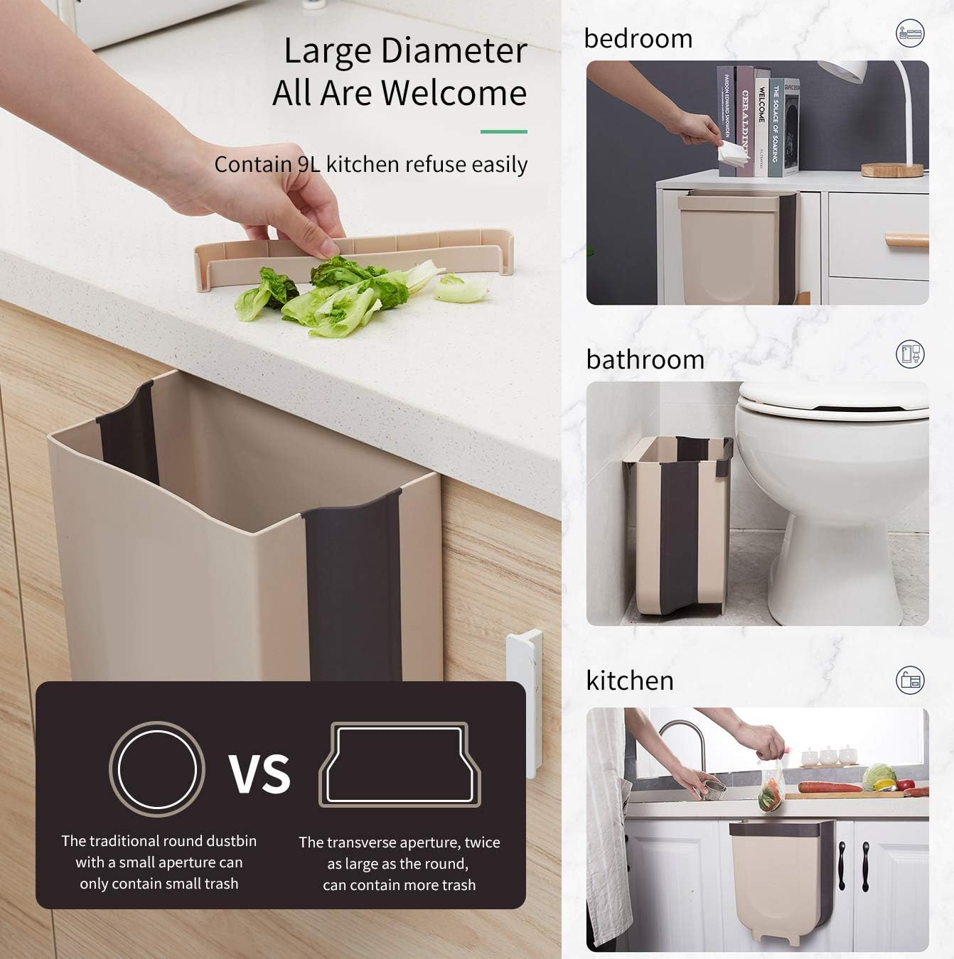 Foldable Trash Bin Hanging Waste Bin Under Kitchen Sink,Wall Trash Can Plastic Wastebasket Over Cabinet Door with Top Ring to Fix Garbage Bag (Gray): Home & Kitchen