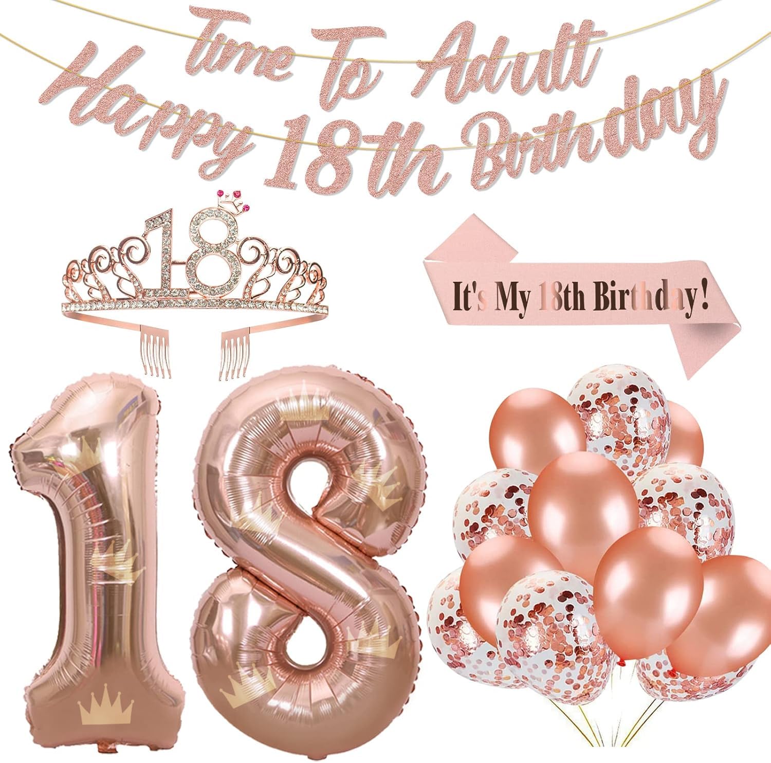Photo 1 of Rose Gold 18th Birthday Decorations for Girls Rose Gold 18th Birthday Banner 18th Birthday Sash 18th Tiara 40 Inch NO. 18 Rose Gold Foil Balloons Rose Gold Confetti Balloons 18th Rose Gold Party Set