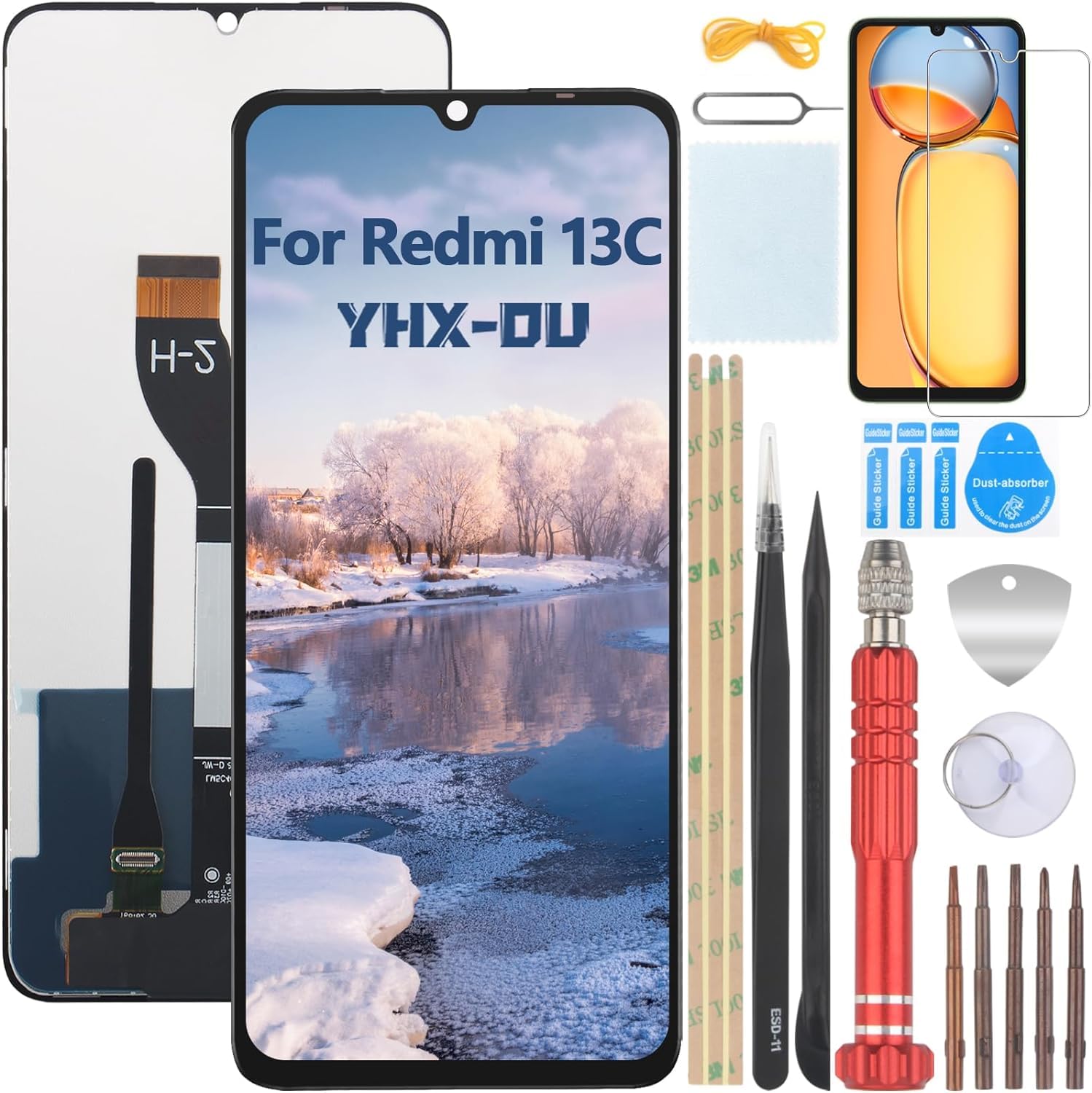 YHX-OU Screen Replacement for Xiaomi Redmi 13C LCD Display Compatible with Redmi 13C 23100RN82L 23106RN0DA 23108RN04Y Touch Screen Digitizer Assembly 6.74 inches Black with Repair Tools