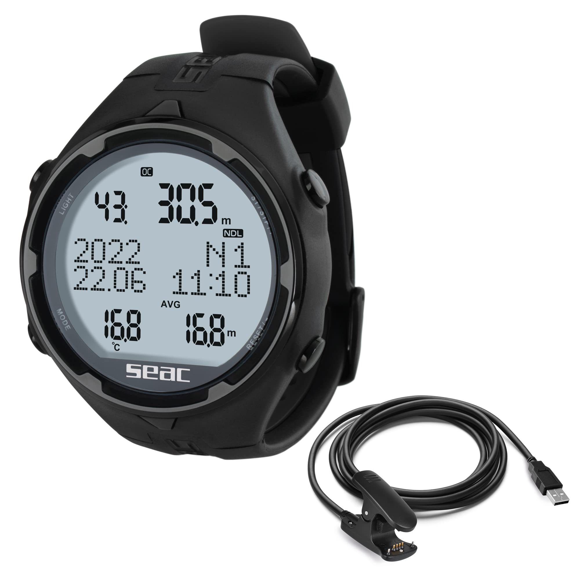Seac Action, Dive Computer with Scuba and Freediving Mode, Dive Logbook, Dive Planner, Safety Alarms, black HR + USB