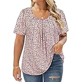 CARCOS Womens Plus Size Tops Summer Pleated Flowy Shirts Short Sleeve Crewneck Tunic Tops Casual Solid/Floral/Tie Dye XL-5XL