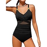 Doumlop Girls Swimsuit Criss Cross One Piece Swimsuits Wrap Tie Back Sheer Mesh Bathing Suit with Gold Metal Swimwear 9-16Y