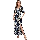 Women's Summer Boho Floral Print Dress Twist Knot V Neck Short Sleeve Split Casual Maxi Dress
