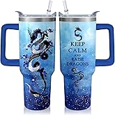 40oz Chinese Dragon Stainless Steel Tumbler with Handle and Straw, Insulated Cup Travel Coffee Mug Water Bottle with Lid and Straw, Animal Lovers Women Gifts