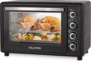 Minibackofen mit Umluft (45 Liter) Deutsche Version mit 2x Backblech Inkl. Ofenhandschuhe, Rezeptheft, Drehspieß, Timer, Innenbeleuchtung, 2000W