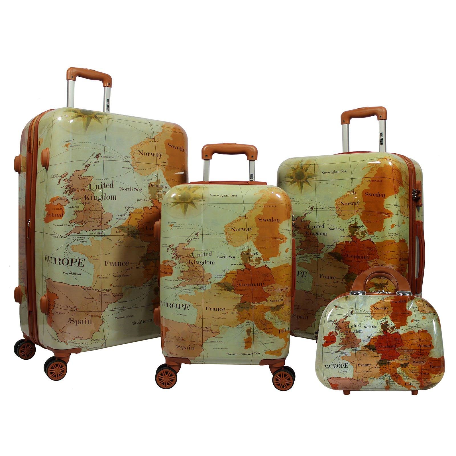 World Traveler Europe (Set of 4-Piece) Spinner Luggage Set with TSA Lock, Brown,Zippered Divider