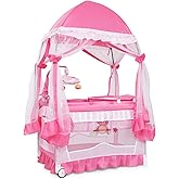 BABY JOY 4 in 1 Pack and Play with Canopy, Portable Baby Playard with Bassinet, Double-Layer Baby Crib, Wheels & Brake, Foldable Baby Girl Pink Princess Bassinet from Newborn to Toddler