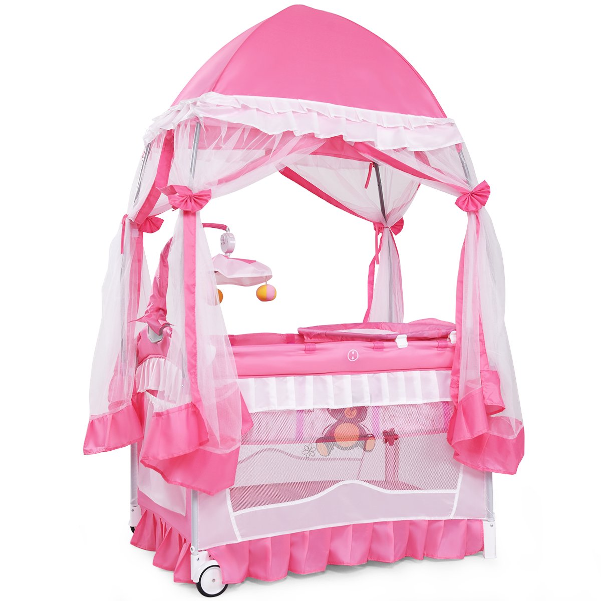 BABY JOY 4 in 1 Pack and Play with Canopy, Portable Baby Playard with Bassinet, Double-Layer Baby Crib, Wheels & Brake, Foldable Baby Girl Pink Princess Bassinet from Newborn to Toddler Image