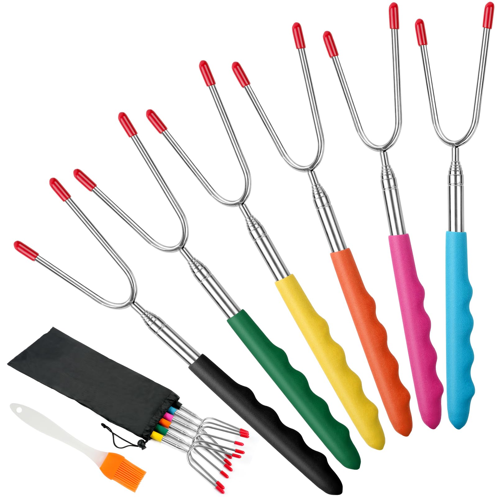 OFFCUP Barbecue Forks, 6pcs Marshmallow Toasting Forks, Extendable Stainless Steel Marshmallow Roasting Sticks Hot Dog Forks BBQ Smores Skewers for Fire Pit and BBQ Campfire Party