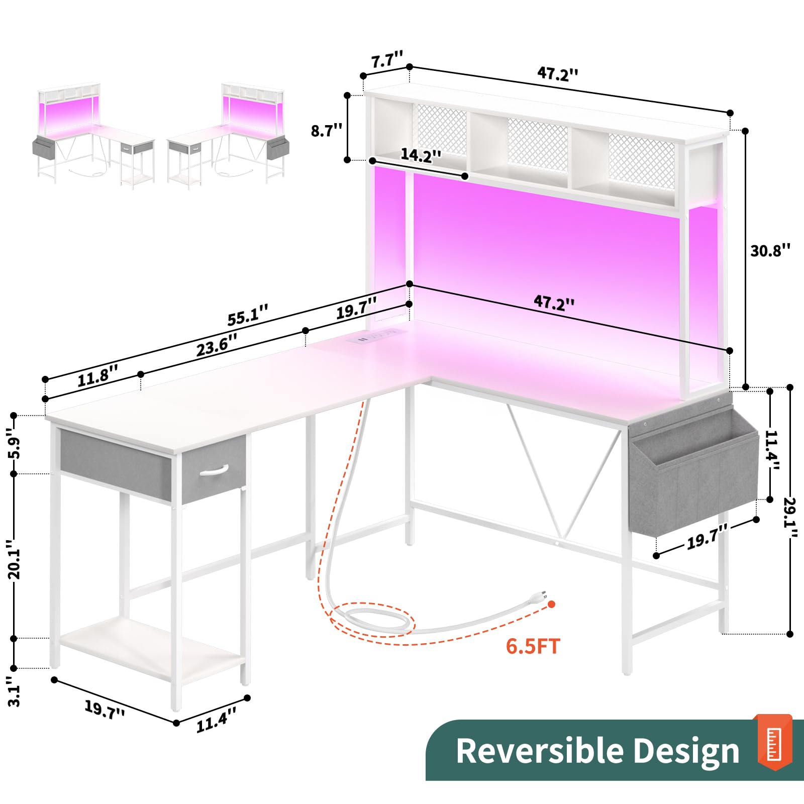 Mua Yoobure L Shaped Desk Gaming Desk with LED Strip & Power Outlet ...