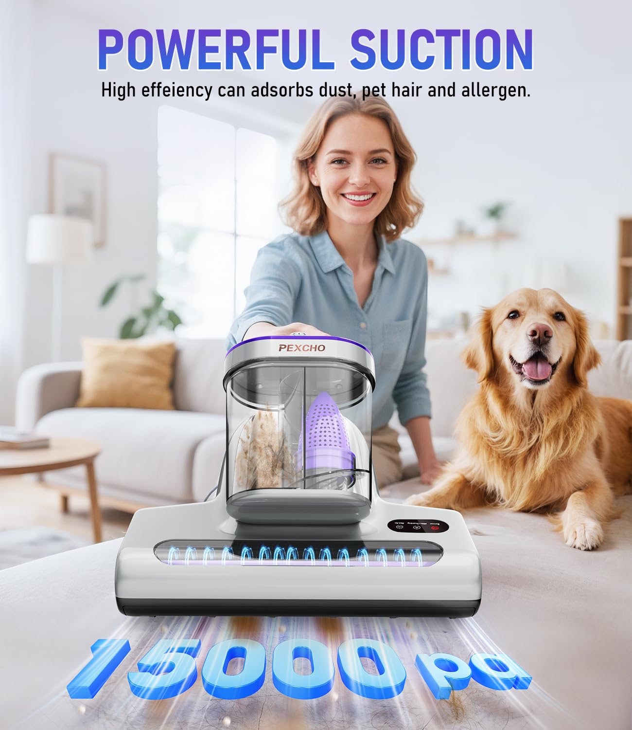 PEXCHO PM600 Mattress Vacuum Cleaner with UV-C Light,15kPa Suction 500W Powerful Handheld Vacuums with HEPA Filter,Clean Up Dust for Bed,Pet Hairs,Baby Crib,Couch,Sofa,Carpets