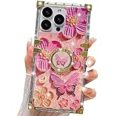 Changjia Glitter Floral Kickstand Case for iPhone 16 Pro Max,Cute Colorful Retro Oil Painting Printed Flower Butterfly Bling Sparkly Ring Stand Shockproof Women Girls Case for iPhone 16 Pro Max, Pink