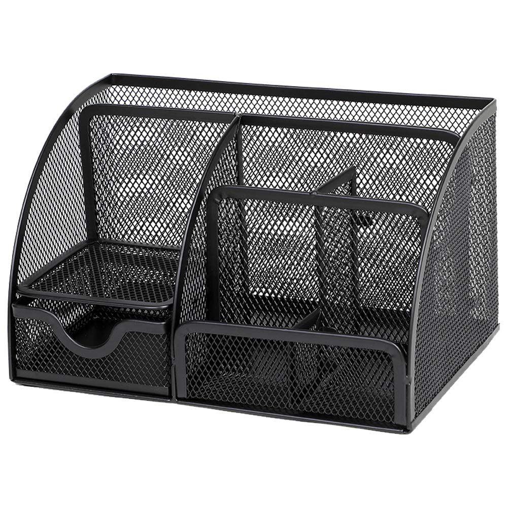 Aileese Mesh Desk Office Organizer,Multifunction Pen Holder with Drawer Stationery Storage Desktop Black