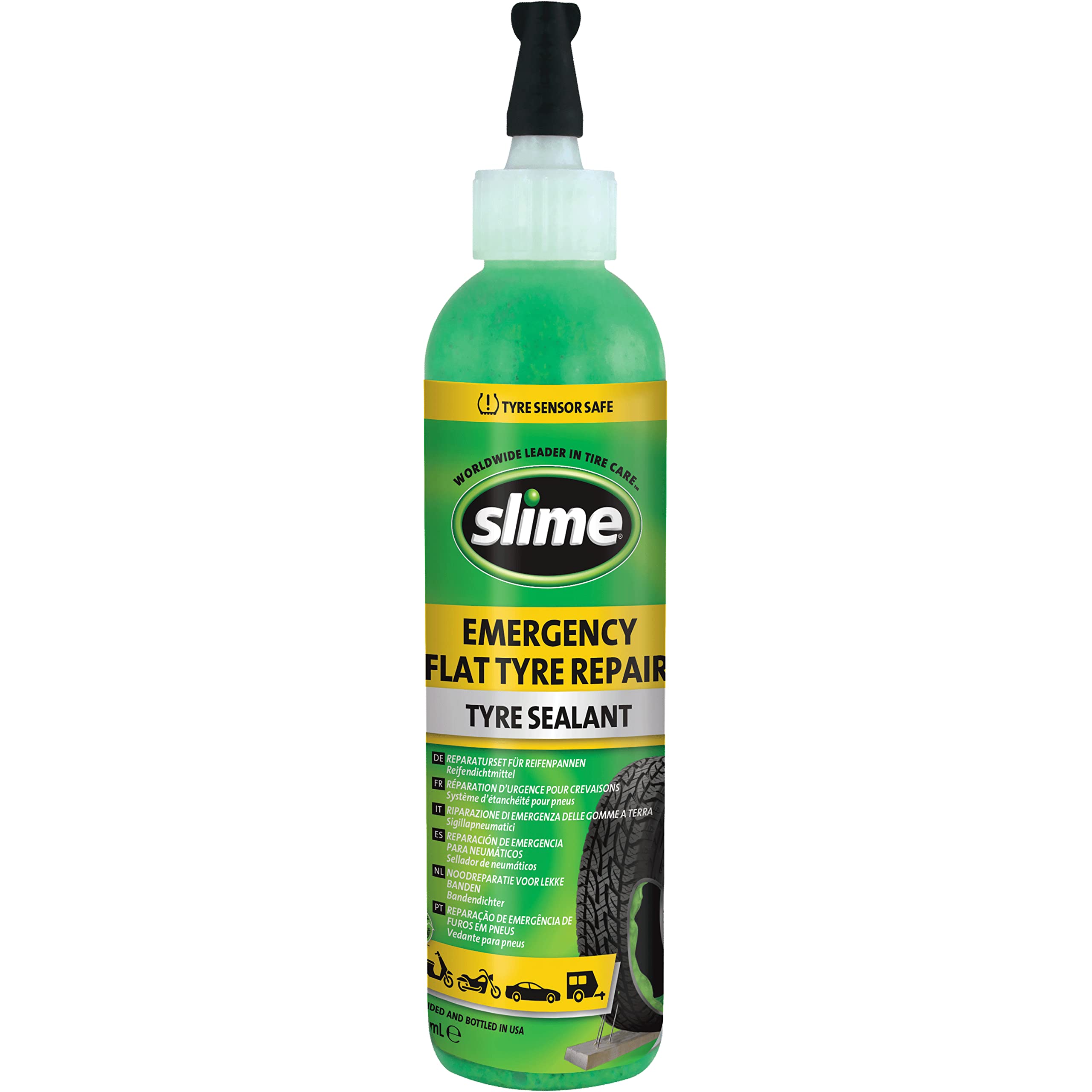 Slime 10016 Flat Tyre Puncture Repair Sealant, Emergency Kit, Motorbikes, Motorcycles, Scooters, Trailers, Non-toxic, eco-friendly, 237 mL (8oz) bottle