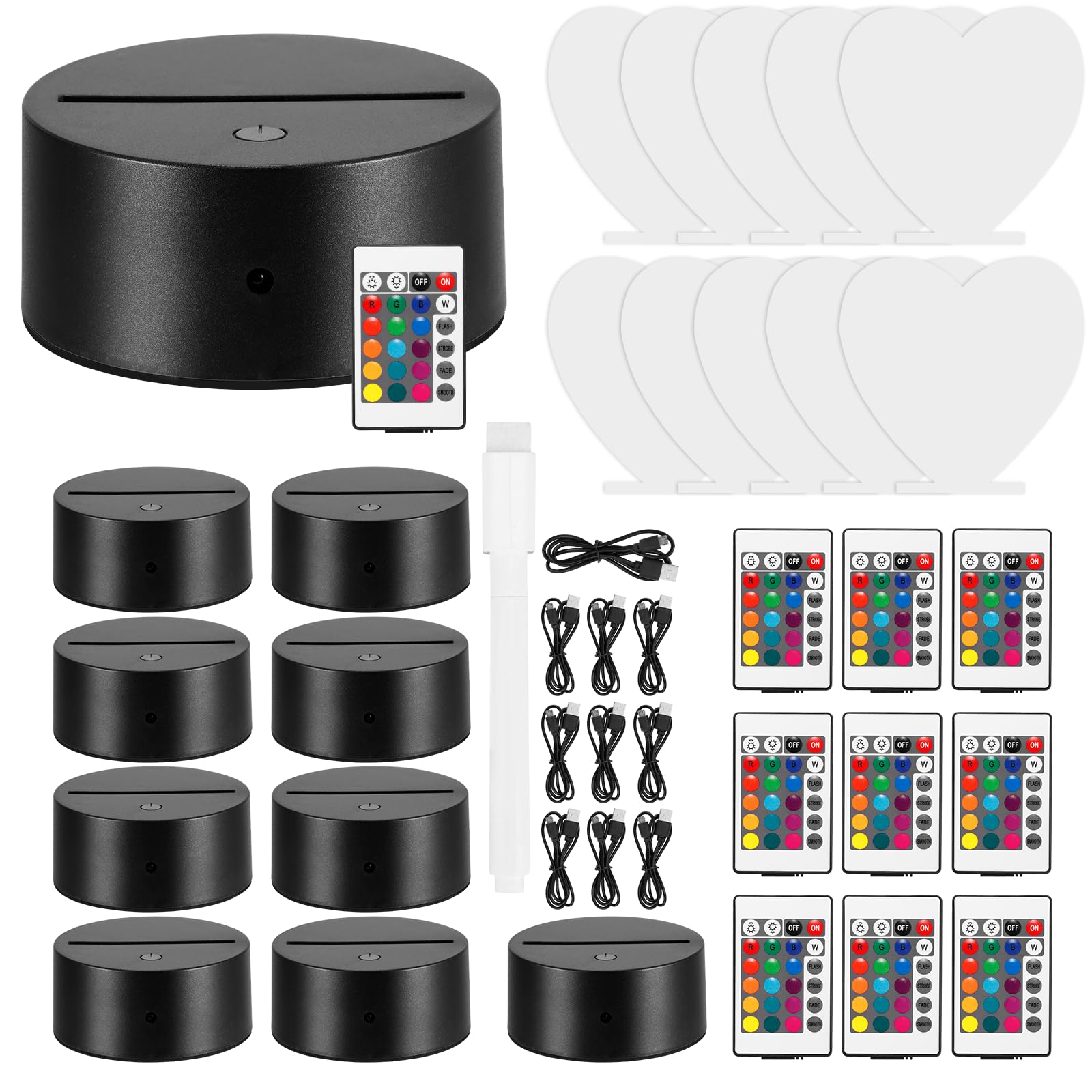 10 Pieces Clear Acrylic Sheets and 10 Pieces 3D Night LED Light Lamp Base with Remote Control and USB Cable, DIY Acrylic Led Night Lamp Sets for Bar Room Decoration, 7 Colors & 2 Modes (Heart shape)